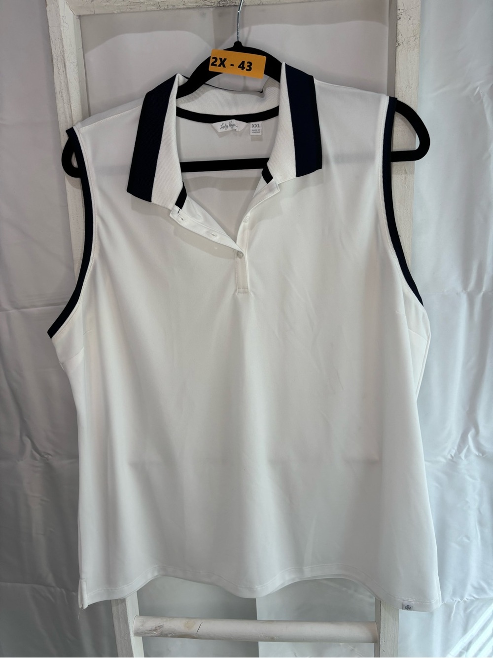 Lady Hagen White Sleeveless Polo with Navy Collar and Trim